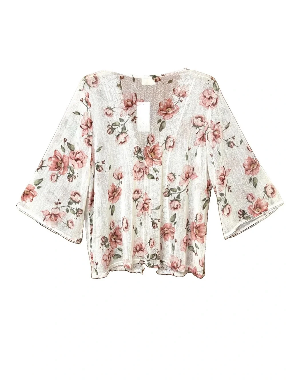 WOMEN CROCHET LACE SHORT TIE CARDIGAN 2X/3X FLORAL BELL SLEEVE MESH ROMANTIC $55